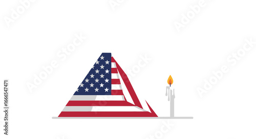 American flag draped pyramid memorial with candle, symbolizing remembrance.