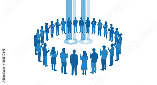 Silhouetted individuals in a circle, receiving light beams from above, representing unity.