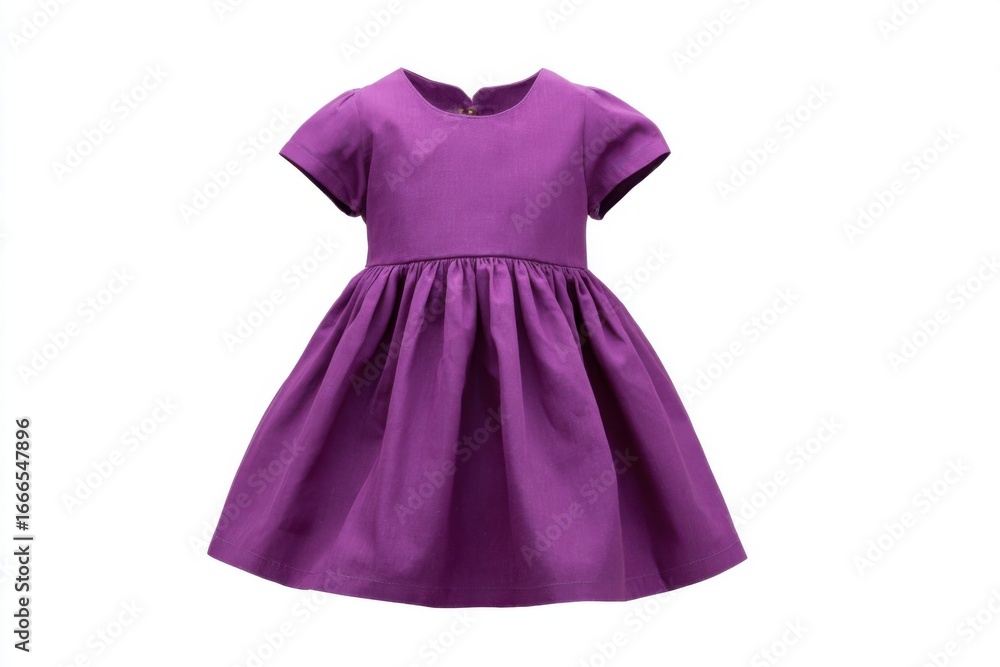 Baby girl satin fancy dress isolated on white background. Fashion Clothes for Children. Purple kids dress with short sleeves. Cute violet plain dress for little daughter. Babyhood, clothing concept Baby girl satin fancy dress isolated on white background. Fashion Clothes for Children. Purple kids dress with short sleeves. Cute violet plain dress for little daughter. Babyhood, clothing concept