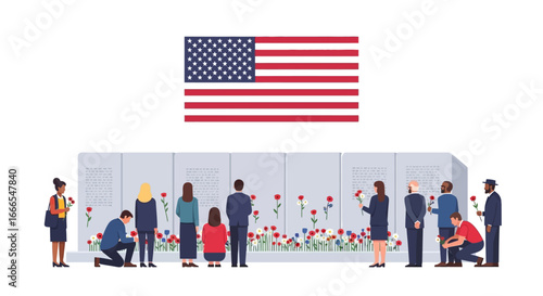 People gathered at a memorial wall placing red roses, with an American flag above, paying respects and remembering.
