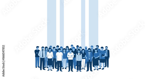 Group of diverse people standing together under light beams, representing unity, support, or a common goal.