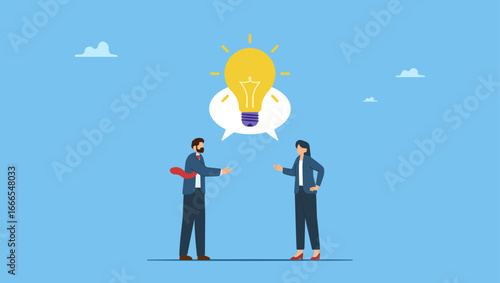 Businessman and businesswoman talking through speech bubble with lightbulb idea. Communicate idea in business discussion, effective communication to brainstorm and come up with solution or result.