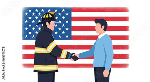 A firefighter in full uniform shakes hands with a civilian man, with the American flag as a backdrop.