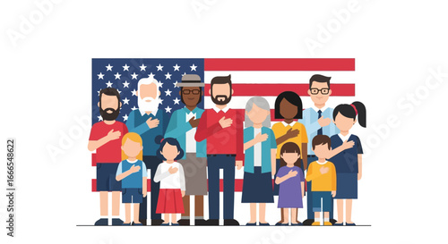 Diverse group of people standing together, pledging allegiance to the American flag.