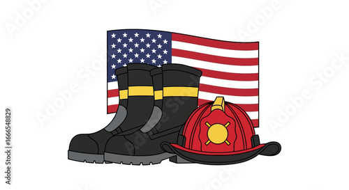 Firefighter boots, helmet, and American flag; a tribute to service and bravery.