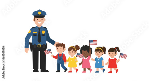 A friendly police officer leads a diverse group of young children walking in a line, holding American flags.