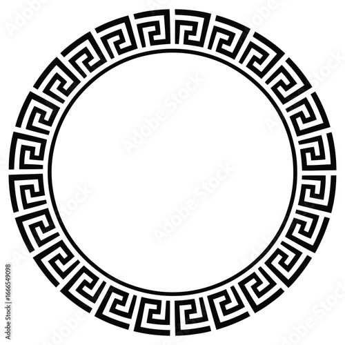 Classic Greek key meander pattern in a circular round frame. Clean black and white vector graphic illustration, an ancient decorative border element