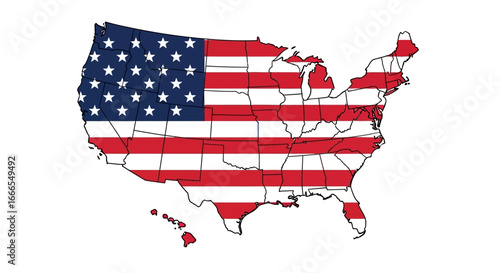 United States map outline filled with the American flag, showcasing stars and stripes across the nation's geography.