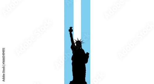 Silhouette of the Statue of Liberty illuminated by two vertical beams of light against a white background.