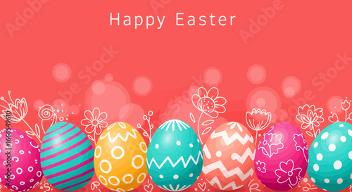 Happy Easter colorful eggs with floral decoration on a red background