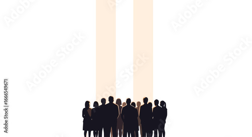 Silhouetted group of people facing two vertical light beams against a bright white background, suggesting a sense of hope, aspiration, or collective vision.