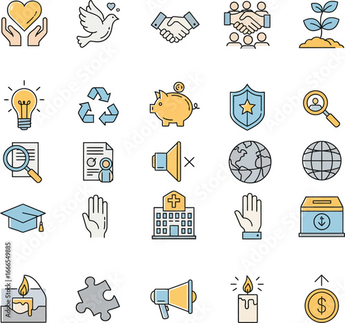 Collection of business and technology icons with hand drawn style