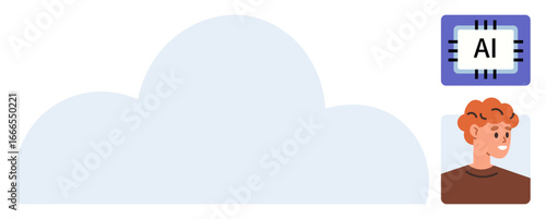 Large cloud icon, AI chip, smiling user. Ideal for technology, AI interaction, data storage, connectivity, innovation user engagement digital transformation. Simple flat metaphor