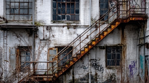 Wallpaper Mural Abandoned industrial building with rusty metal stairs, broken windows and urban graffiti on decaying concrete walls, perfect gritty grunge background with post-apocalyptic and dystopian atmosphere Torontodigital.ca