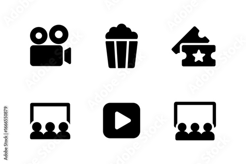 Cinema icons set: movie camera, popcorn, ticket, play button, audience in silhouette style