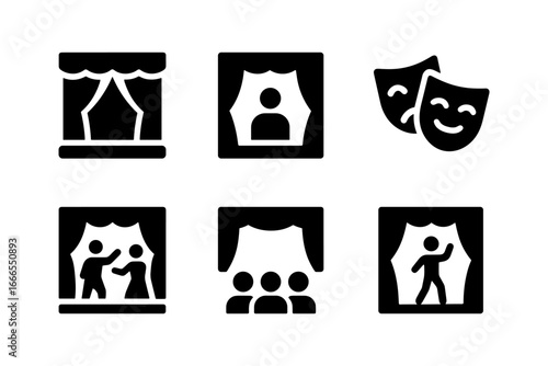 Theater icons set: curtains, masks, audience, performers in bold black silhouette