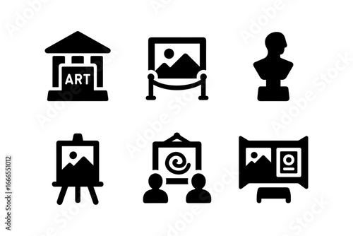 Museum elements set: art gallery, display stands, and sculptures in silhouette style