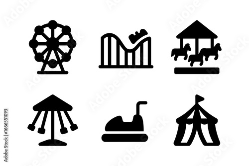 Amusement park ride icons set in minimalist style for fun-themed designs