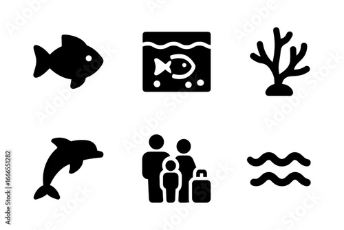 Ocean adventure icons: marine life, family travel, and eco-tourism symbols