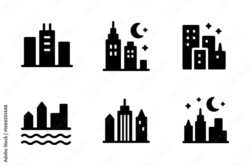 Obraz premium Urban skyline icons: minimalist black silhouette cityscape with night elements