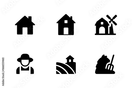 Set of rural agriculture icons: farmhouse, windmill, farmer, farmland silhouettes in black on white