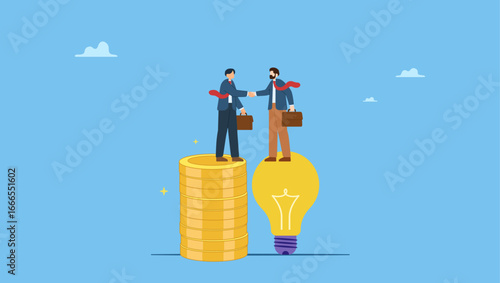 Businessman entrepreneur standing on lightbulb idea lamp shaking hands with venture capital on money coins stack. Idea pitching, fund raising and venture capital, selling business or merger agreement.