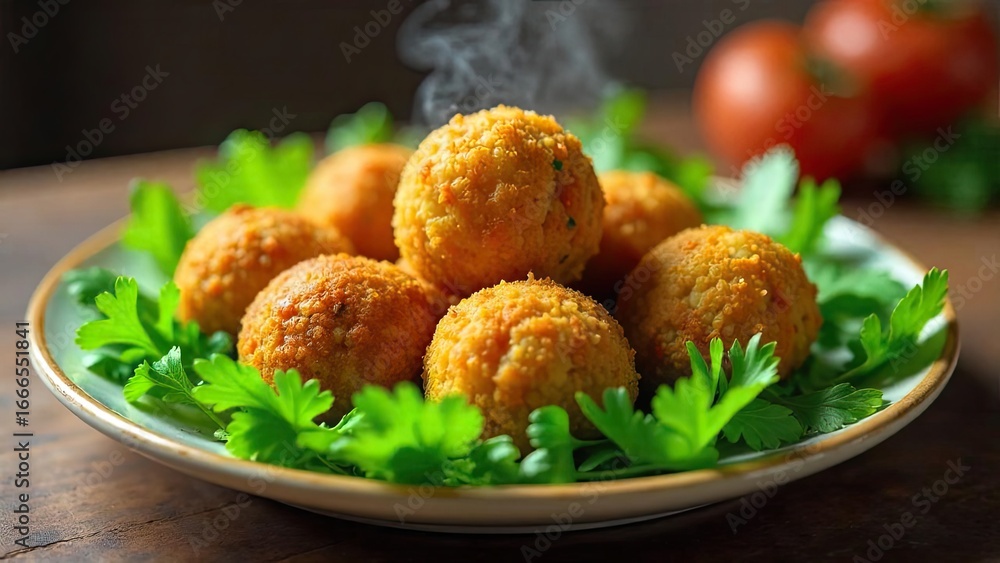 Aromatic, golden-brown falafel balls, freshly fried and still steaming, served on a bed of vibrant green parsley, presented on a rustic-style plate. Aromatic, golden-brown falafel balls, freshly fried and still steaming, served on a bed of vibrant green parsley, presented on a rustic-style plate.