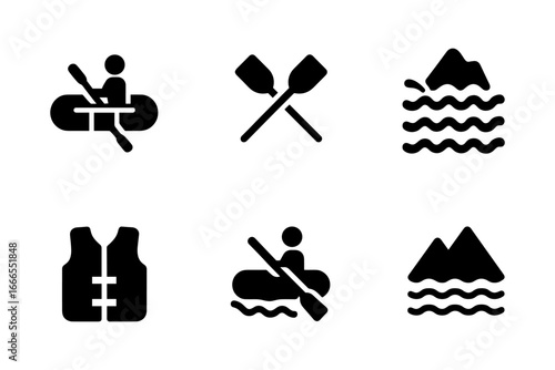 Rafting and adventure icon set in minimalist silhouette style
