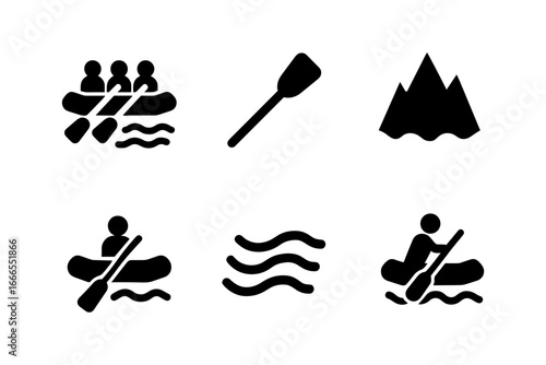Silhouette icons of kayaking and mountaineering adventure