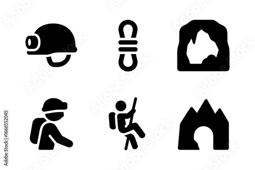 Cave exploration icons: caving gear and activities in minimalist black design