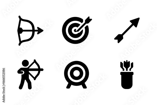 Archery icons set: bow, arrow, target, and quiver in minimalist style