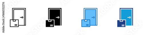 Doorstep Delivery Sheet Multiple Style Icon Vector Design - Box in front of door, indicating home delivery, doorstep drop-off, or contactless shipping