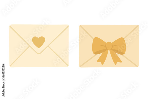 Flat vector illustration of two wedding envelopes decorated with heart and bow details.
