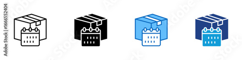 Scheduled Delivery Sheet Multiple Style Icon Vector Design - Box with calendar, illustrating scheduled delivery, logistics planning, or arrival date