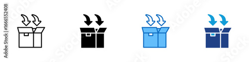 Unboxing Sheet Multiple Style Icon Vector Design - Box being opened with arrows, representing unpacking, product receiving, or item inspection