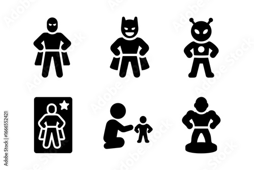 Flat silhouette superhero icons: heroic characters and miniature figures