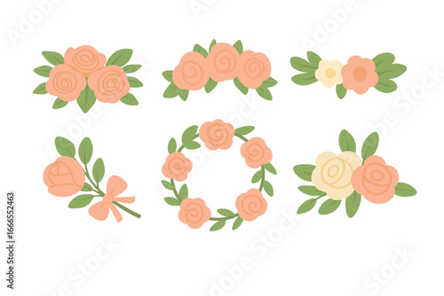 Flat vector illustration of decorative wedding flower arrangements, including wreaths and bouquets.