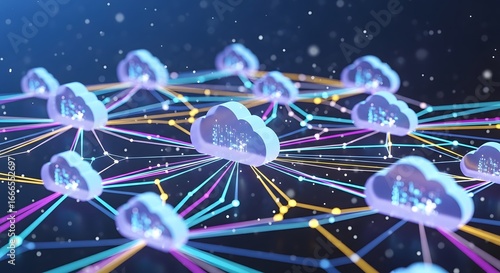 Abstract network of glowing clouds representing cloud computing and data transfer