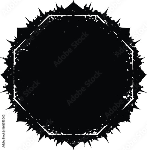 Grunge distressed geometric octagon starburst shape with spiky edges, black on white, isolated on white background