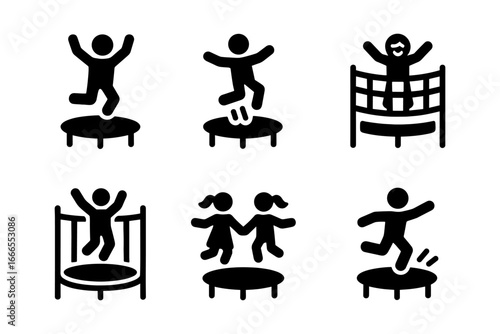 Playful kids jumping on trampolines in minimalist silhouette design