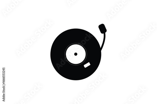 A black vinyl record with a tonearm on a white background silhouette
