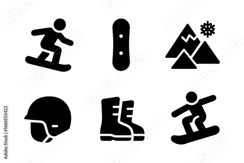 Snowboarding icon set featuring silhouettes of snowboarder, gear, and mountains