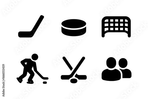 Hockey icons set: stick, puck, net, player, team silhouettes