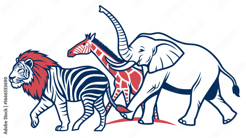 Obraz premium Stylized illustration of a lion zebra giraffe and elephant in a row with red and blue accents