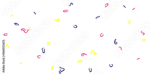 A playful and abstract background featuring scattered, colorful hand-drawn lines and curves in shades of pink, yellow, and blue, creating a whimsical and chaotic pattern on a clean white background.
