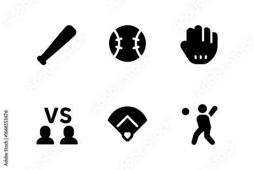 Baseball icons: bat, ball, glove, players, and field in black silhouette