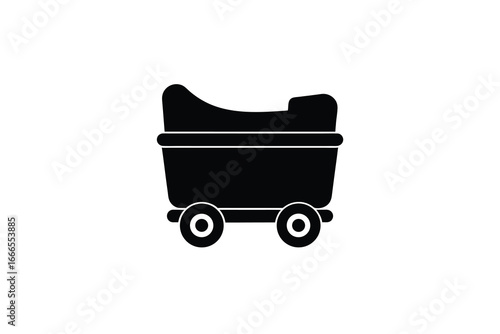 A black silhouette of a baby carriage on wheels against a white background