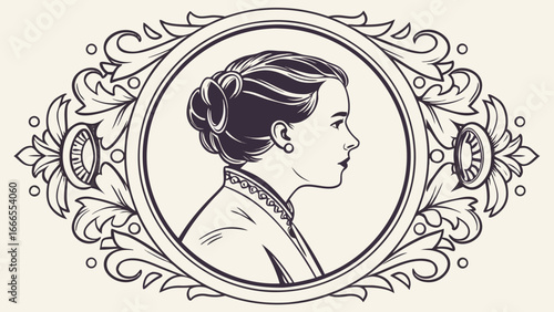Elegant portrait of a woman in profile inside an ornate floral frame with decorative elements