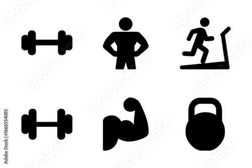 Fitness icons set: dumbbell, treadmill, flexed muscle, workout silhouette