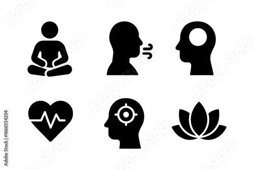 Mindfulness and wellbeing icons: meditation, communication, awareness, health